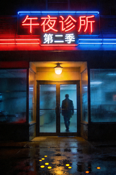 美剧《午夜诊所》第二季海报，霓虹灯下的诊所门口